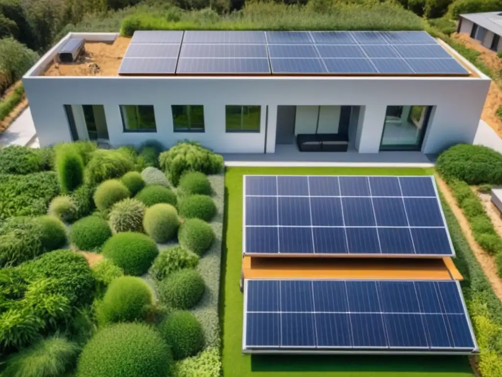 Desarrollo sostenible: Construcción ecofriendly en progreso Vista aérea detallada de obra sostenible con materiales ecológicos, trabajadores y paneles solares