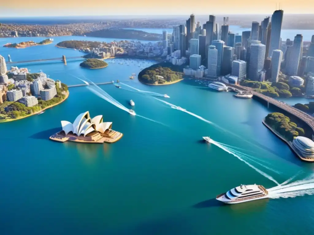 Paisaje urbano de Sydney: Opera House y Harbour Bridge Vista aérea detallada de Sídney con la Ópera y el Puente del puerto, reflejo del auge inmobiliario