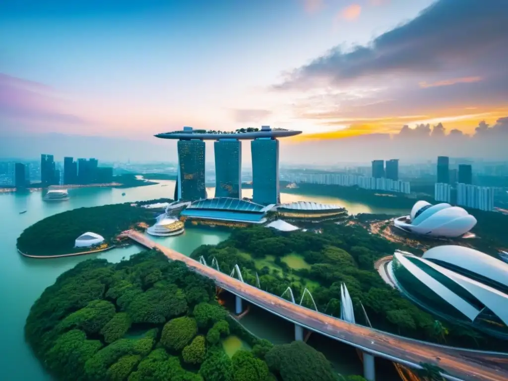 Vista aérea detallada de Singapur: Marina Bay Sands y jardines futuristas Vista aérea detallada de Singapur con Marina Bay Sands y Supertree Grove, reflejando oportunidades inmobiliarias Sudeste Asiático