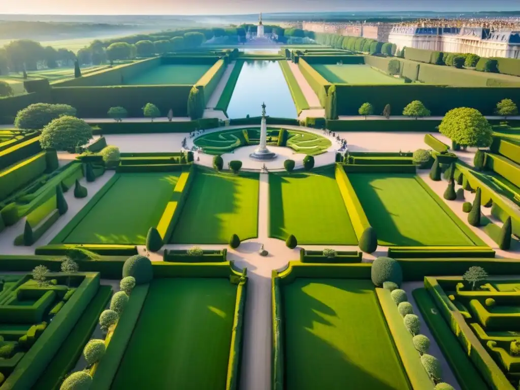 Palacio de Versalles: lujo histórico en Francia Vista aérea detallada del opulento Palacio de Versalles en Francia, con jardines intrincados y arquitectura grandiosa, bañado en luz dorada