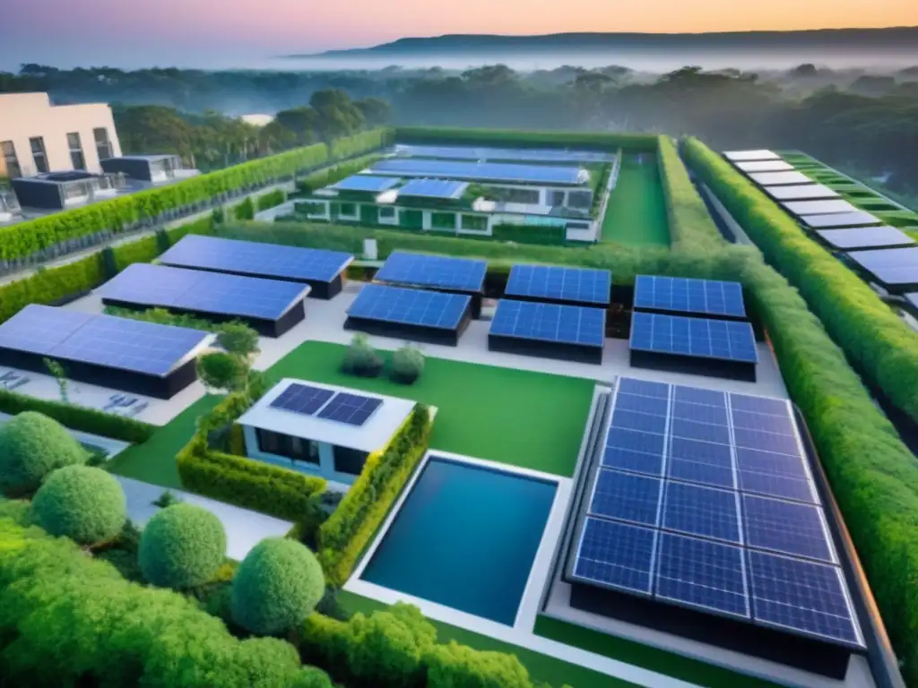 Complejo residencial futurista con tecnología inteligente y áreas verdes Vista aérea detallada de una propiedad multifamiliar digitalizada con integración de tecnología inteligente y paneles solares en los techos