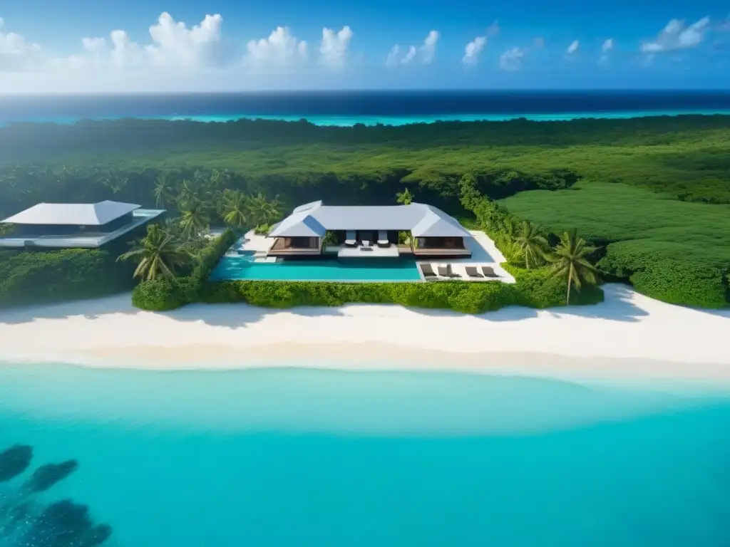 Propiedad de lujo en el Caribe: paraísos exclusivos y arquitectura moderna Vista aérea detallada de propiedad de lujo en el Caribe, con arquitectura moderna, piscinas infinitas y aguas turquesas