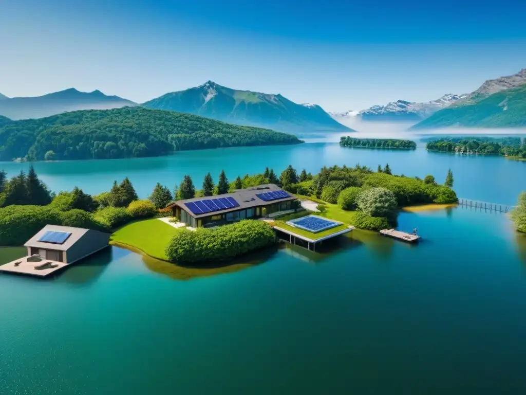 Propiedad de lujo junto al lago: tecnología y naturaleza en armonía Vista aérea detallada de propiedad lujosa junto al lago en América del Norte, fusionando tecnología y naturaleza