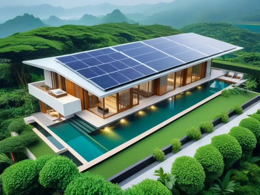 Propiedad eco-lujosa en Asia: armonía sostenible y opulenta Vista aérea detallada de propiedad de lujo ecoamigable en Asia con paneles solares, jardines verdes y fuentes de agua sostenibles