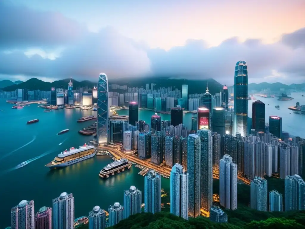Horizonte reluciente de Hong Kong: lujo y modernidad en Asia Vista aérea detallada de Hong Kong con propiedades de lujo en megaciudades asiáticas