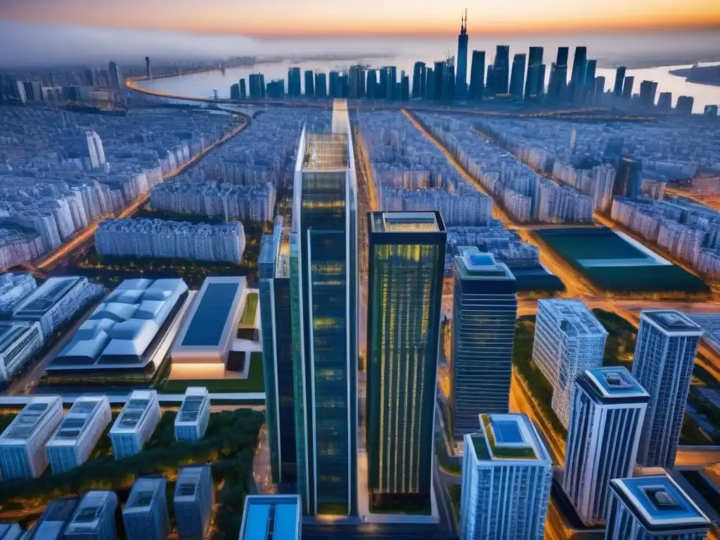 Arquitectura innovadora en ciudad internacional Vista aérea detallada de un proyecto arquitectónico único en una ciudad internacional, destacando su diseño innovador