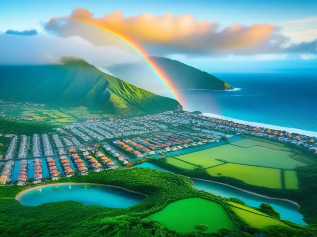 Vista aérea detallada de un pueblo costero con seguros y propiedades Vista aérea detallada de un pueblo costero entre montañas verdes y mar cristalino, con símbolos de seguros para inversores inmobiliarios internacionales sobre propiedades variadas y cielo azul con arcoíris
