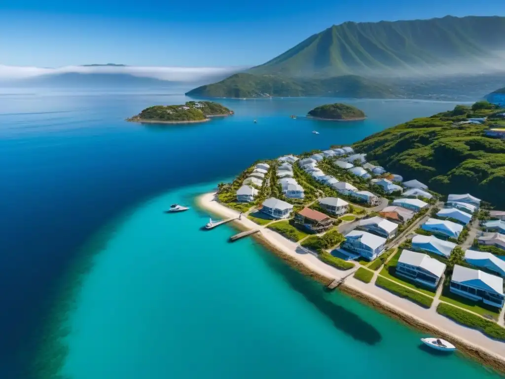 Costa de Ensueño en Norteamérica: Propiedades de Lujo en Paraíso Turquesa Vista aérea detallada de un pueblo costero en Norteamérica con propiedades lujosas, rodeado de naturaleza exuberante y aguas turquesas cristalinas