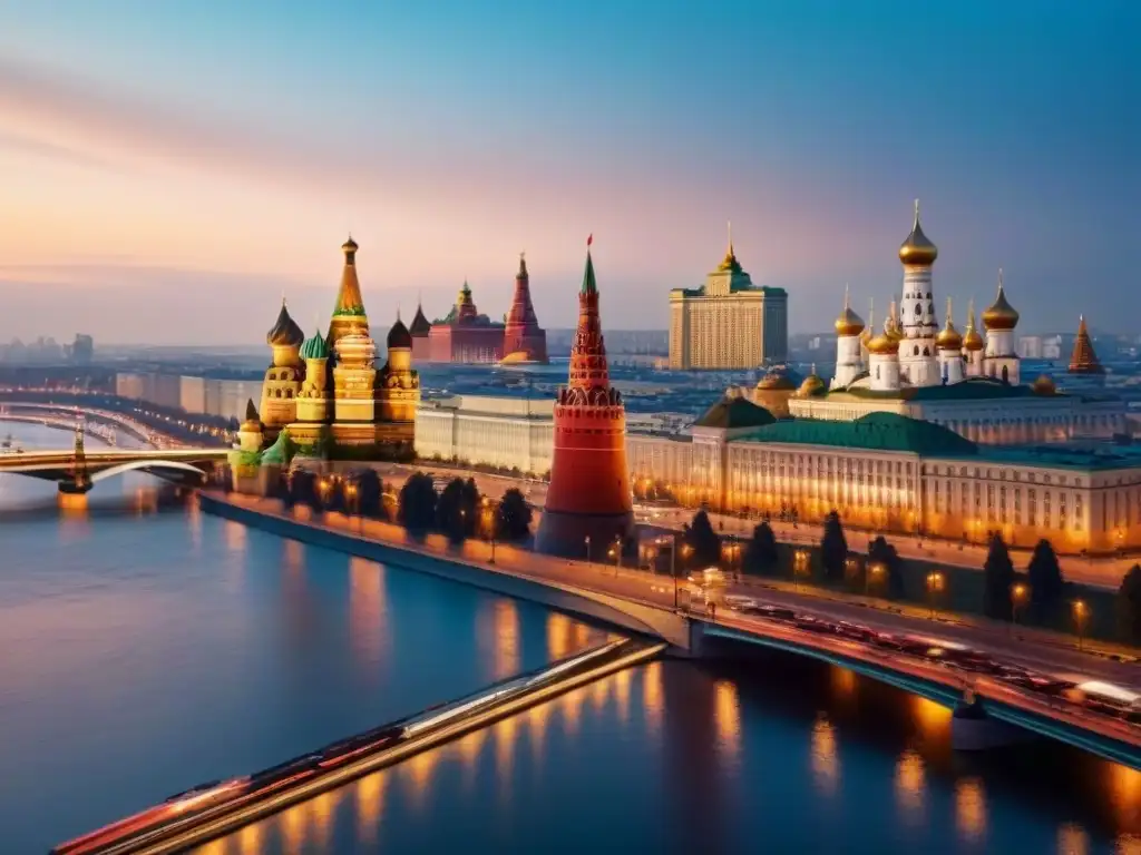 Contraste arquitectónico: Kremlin y rascacielos en Moscú Vista aérea detallada de Moscú: Kremlin, rascacielos de Moscow City