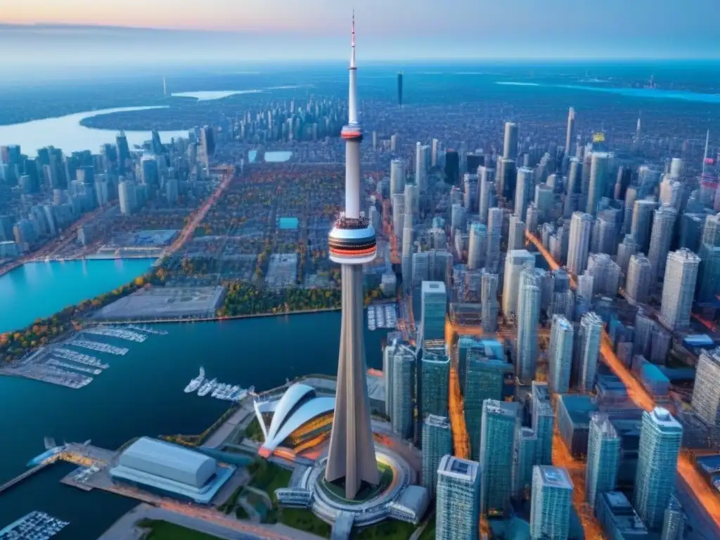Vista aérea detallada de Toronto con CN Tower y diversidad urbana Vista aérea detallada de Toronto con la CN Tower y rascacielos, reflejando su mercado inmobiliario