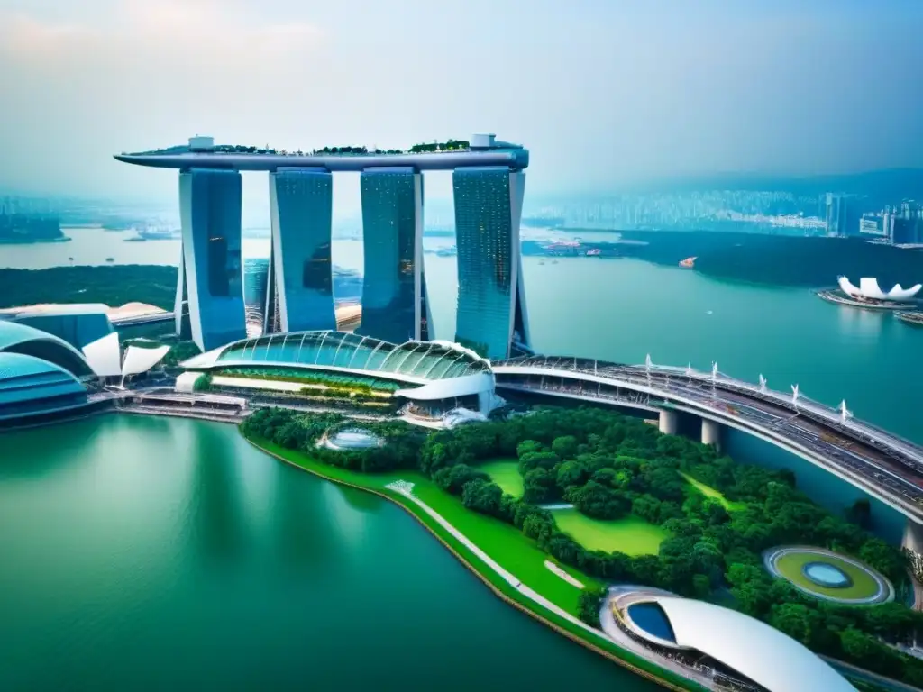 Marina Bay Sands: skyline futurista de Singapur Vista aérea detallada de Singapur con Marina Bay Sands y rascacielos, reflejando el mercado inmobiliario lujo Asia análisis