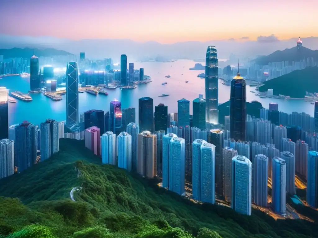 Horizonte brillante de Hong Kong: lujo y sofisticación urbana Vista aérea detallada de Hong Kong: rascacielos icónicos, calles bulliciosas, lujo y atardecer