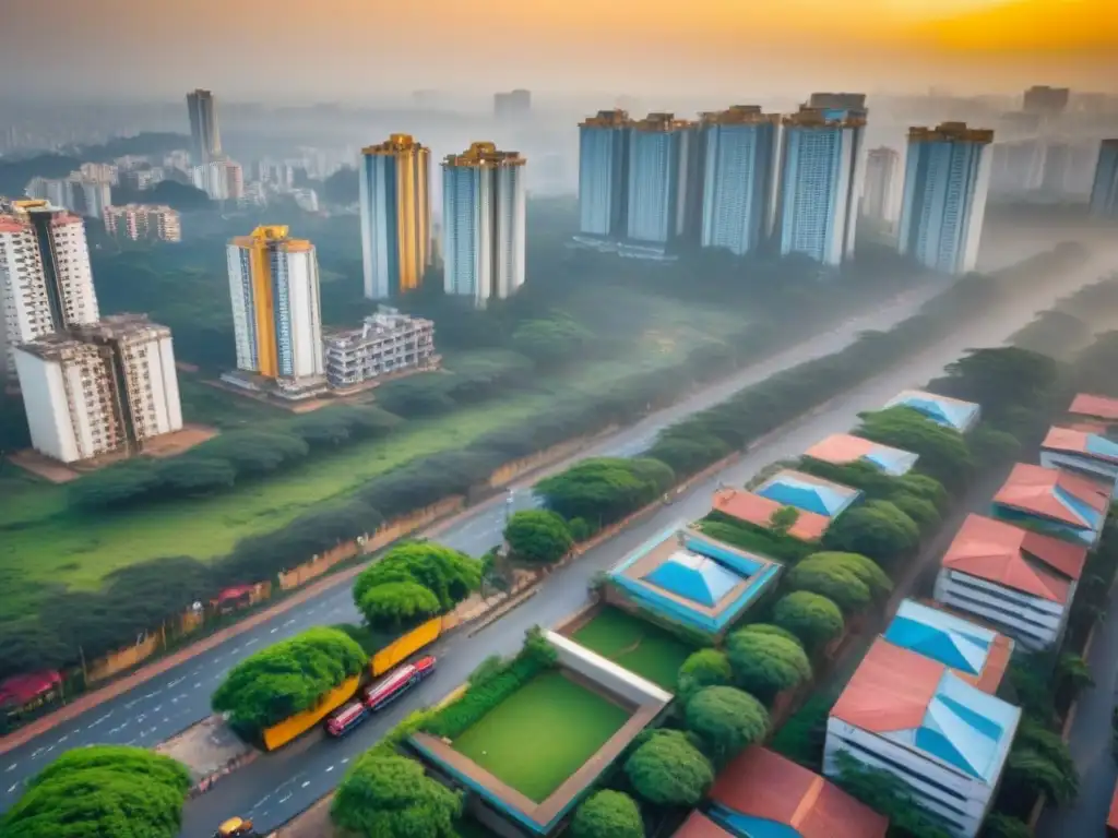 Horizonte moderno de Bangalore: rascacielos de cristal dorado al atardecer Vista aérea detallada de Bangalore, India, con rascacielos de cristal y paisaje urbano moderno