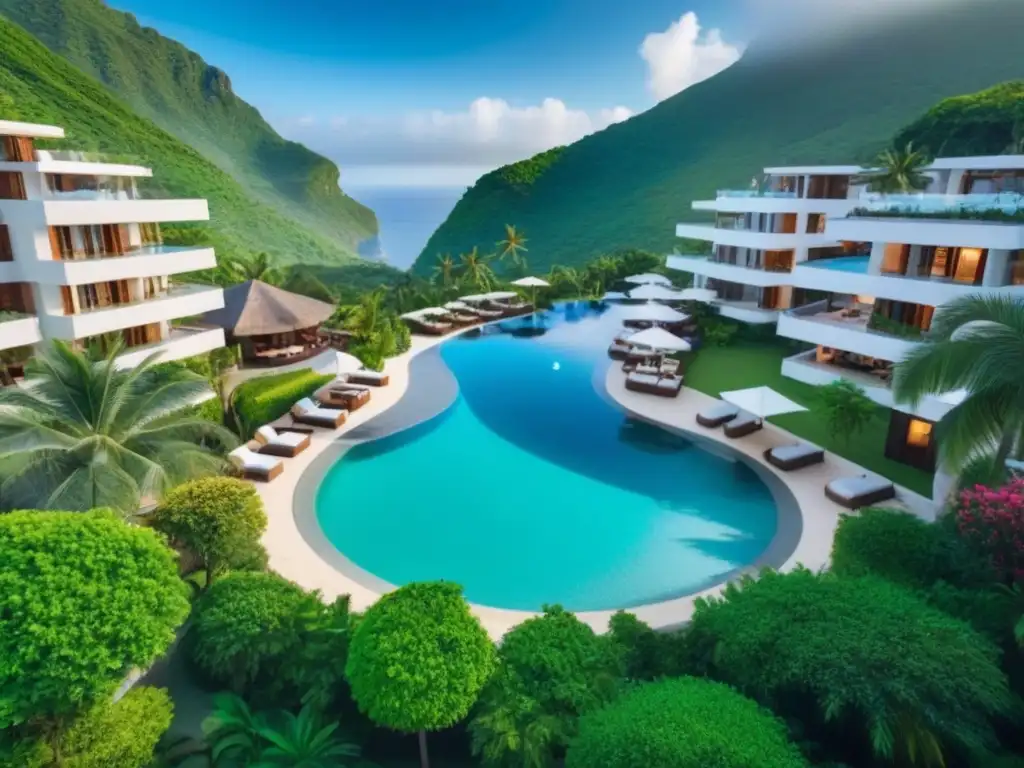 Resort de lujo en paraíso tropical: vista aérea detallada Vista aérea detallada de resort lujo entre montañas verdes y aguas turquesas, con arquitectura moderna y jardines tropicales
