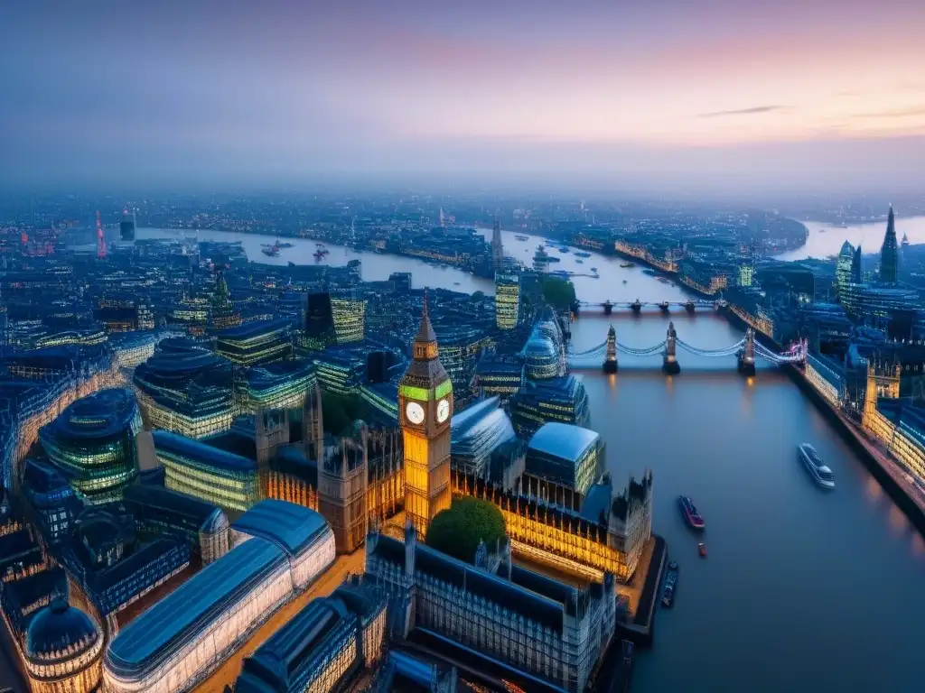 Skyline de Londres: Historia y modernidad en un solo vistazo Vista aérea detallada de Londres con Big Ben, The Shard y el río Támesis