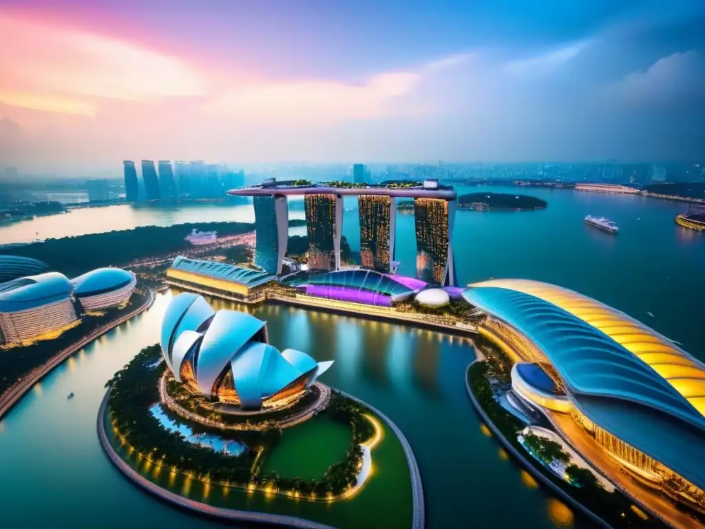 Espectacular skyline de Singapur al atardecer Vista aérea detallada del skyline de Singapur al atardecer, con Marina Bay Sands y Supertree Grove, reflejando las inversiones inmobiliarias en Asia
