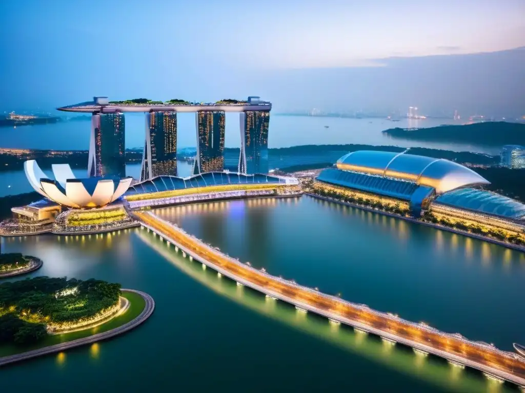 Marina Bay Sands: icónica belleza urbana en Singapur Vista aérea detallada del skyline de Singapur al anochecer con Marina Bay Sands y rascacielos futuristas