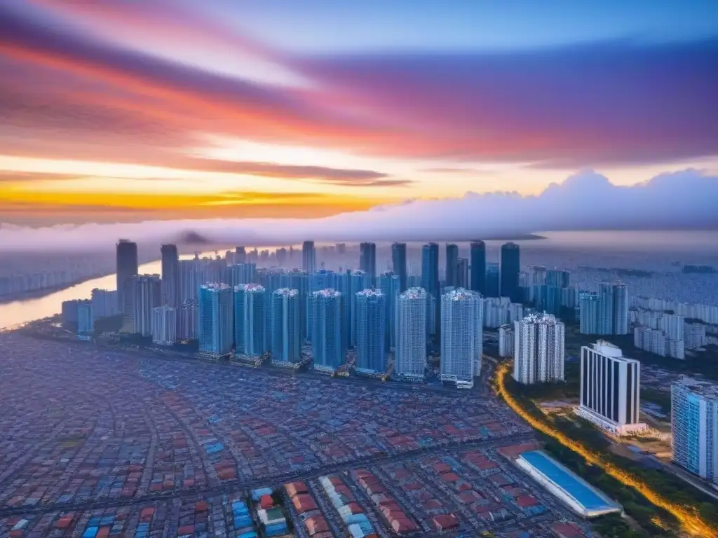 Espectacular skyline de Manila al atardecer: modernidad y tradición Vista aérea detallada del skyline de Manila al atardecer, con modernos rascacielos y arquitectura filipina