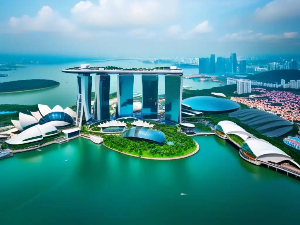 Esplendor urbano en Singapur: Marina Bay Sands y lujo Vista aérea detallada del skyline futurista de Singapur con Marina Bay Sands y rascacielos de lujo