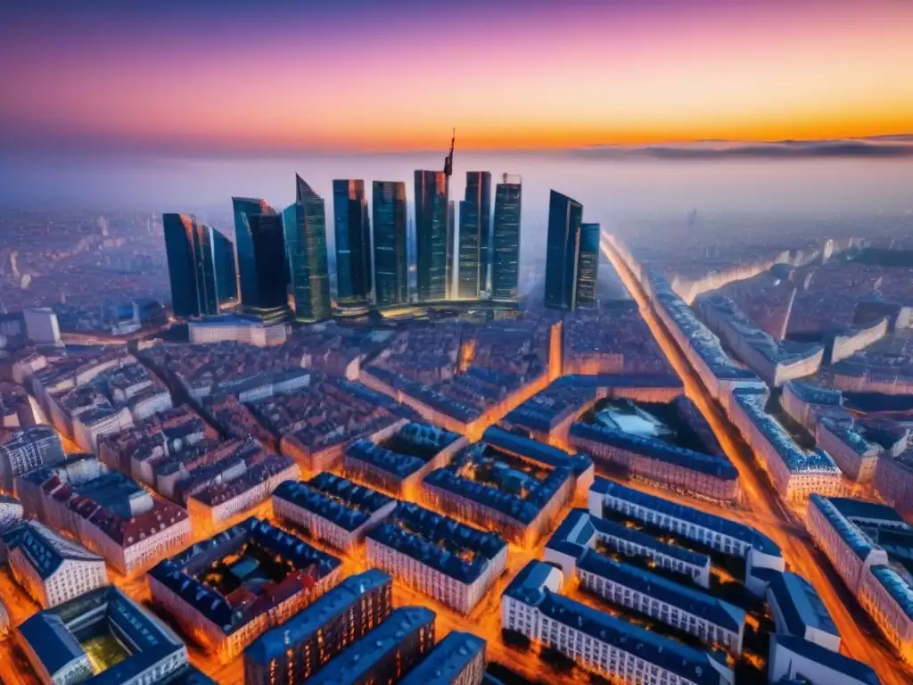 Skyline moderno en Europa del Este: evolución arquitectónica al atardecer Vista aérea detallada de skyline en Europa del Este, fusionando rascacielos y arquitectura histórica durante la hora dorada