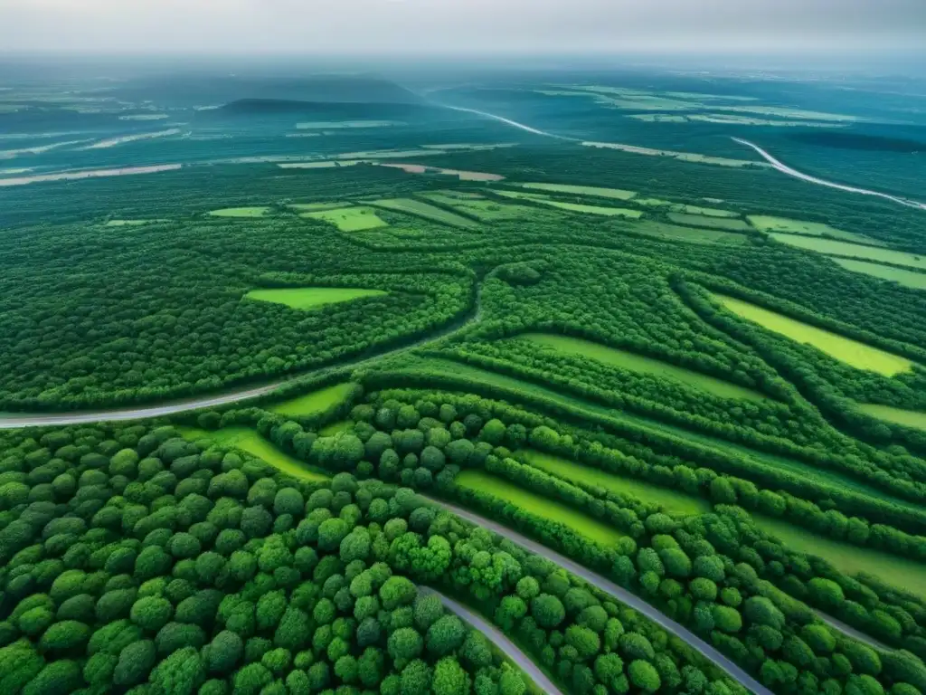 Contraste natural-urbano: Desarrollo en tierras vírgenes Vista aérea detallada de terrenos sin desarrollar con red de caminos, contrastando con una ciudad lejana