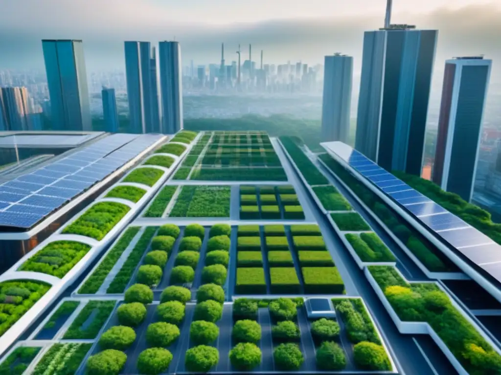 Metrópolis sostenible: innovación urbana contra el cambio climático Vista aérea detallada de un urbanismo sostenible y cambio climático integrado en la ciudad