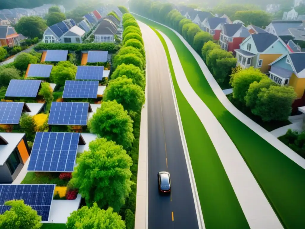 Vecindario eco-sostenible: armonía urbana y movilidad verde Vista aérea detallada de vecindario sostenible con valor propiedades mercado inmobiliario sostenible