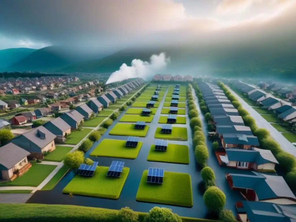 Reconstrucción y resiliencia: barrio postdesastre con innovación climática Vista aérea detallada de vecindario postdesastre con propiedades dañadas y reconstruidas