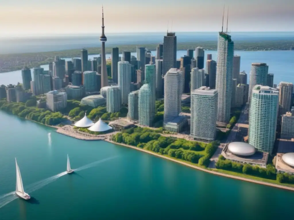 Vista aérea vibrante de Toronto: CN Tower y skyline moderno Vista aérea detallada del vibrante skyline de Toronto, con la CN Tower destacando entre rascacielos