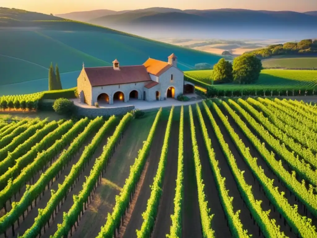 Viñedo idílico al atardecer: filas de uvas verdes bajo la luz dorada Vista aérea detallada de viñedo al atardecer con filas de vides verdes y bodega de piedra