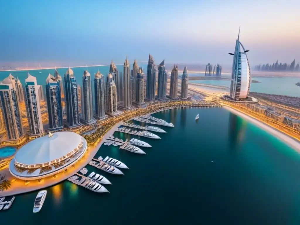 Espectacular Dubai Marina: luces y yates al atardecer Vista aérea detallada de la Marina de Dubai al anochecer, con yates de lujo y rascacielos iluminados