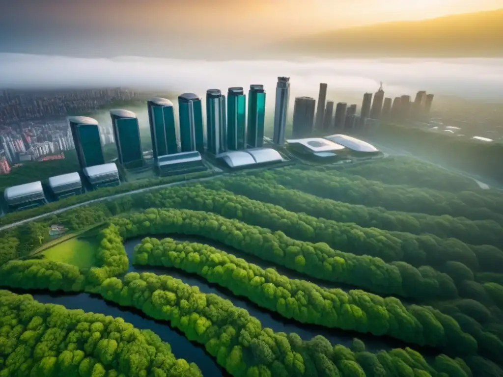 Certificaciones ecológicas en ciudad verde futurista Vista aérea detallada de una zona urbana verde con edificios certificados ambientalmente