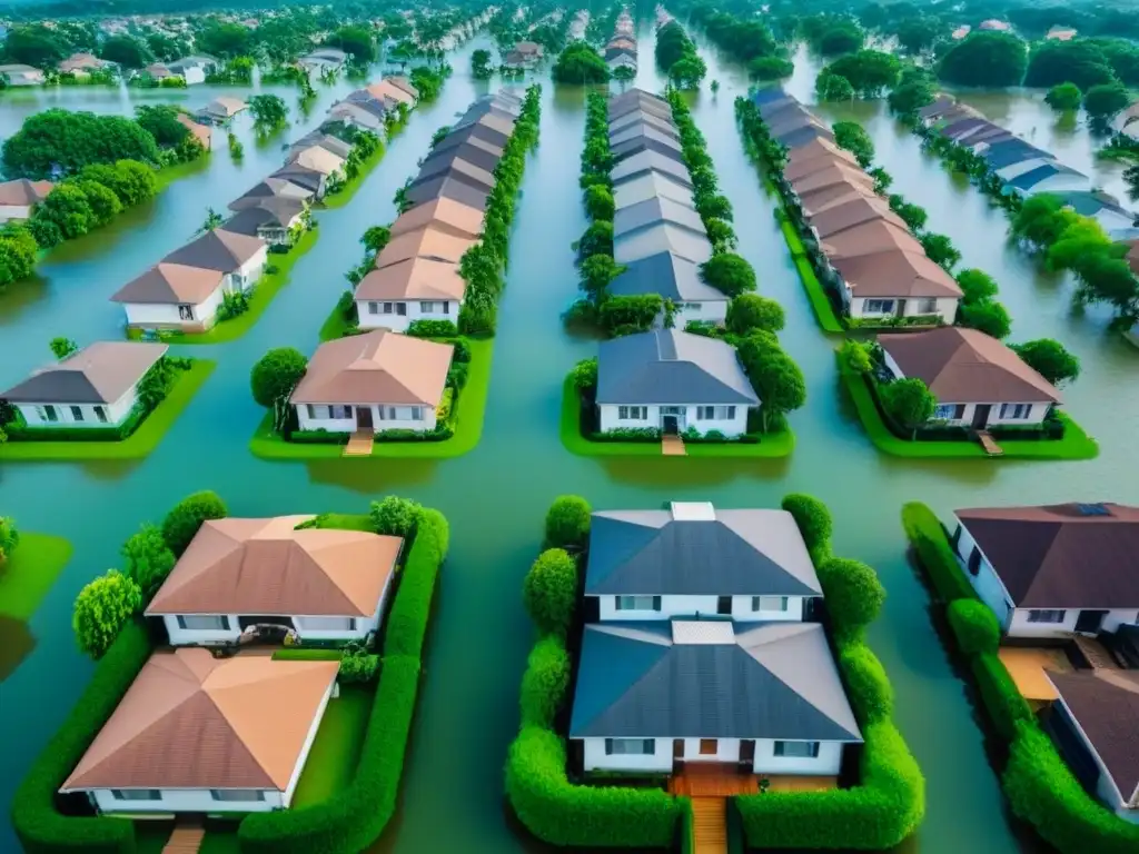 Desastre y prevención: Impacto de inundaciones en zonas residenciales Vista aérea detallada de zona residencial con inundaciones, resaltando la importancia del seguro propiedad áreas inundables internacional