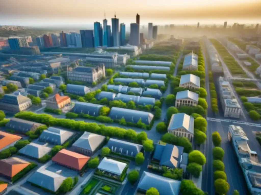Renovación urbana: mezcla de arquitectura moderna e histórica Vista aérea detallada de una zona urbana en revitalización con construcciones, espacios verdes y edificios modernos junto a arquitectura histórica
