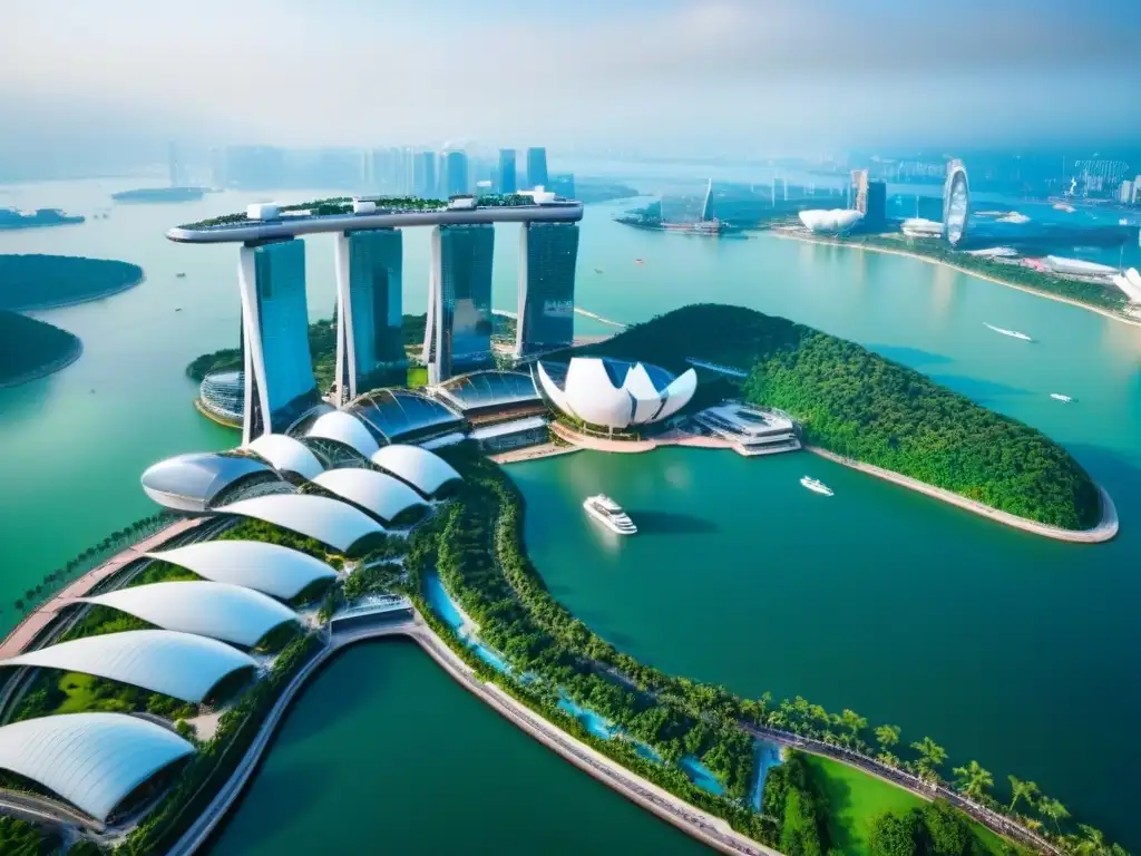 Marina Bay Sands y Supertree Grove: Skyline de Singapur Vista aérea detallada de Singapur con Marina Bay Sands y Supertree Grove