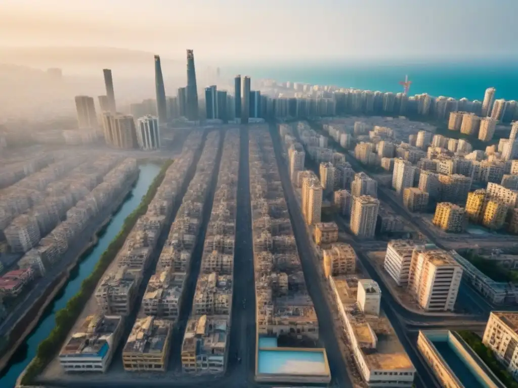 Reconstrucción de Beirut: Esperanza tras la devastación Vista aérea de Beirut postexplosión, muestra devastación y reconstrucción, simbolizando esperanza