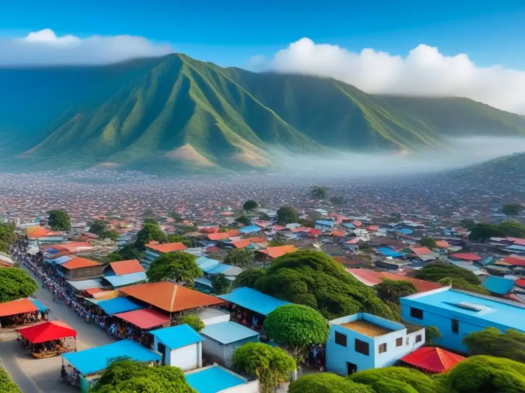 Contraste arquitectónico en Dili, Timor-Leste: tradición y modernidad Vista aérea de Dili, Timor Oriental, fusionando arquitectura tradicional con rascacielos modernos