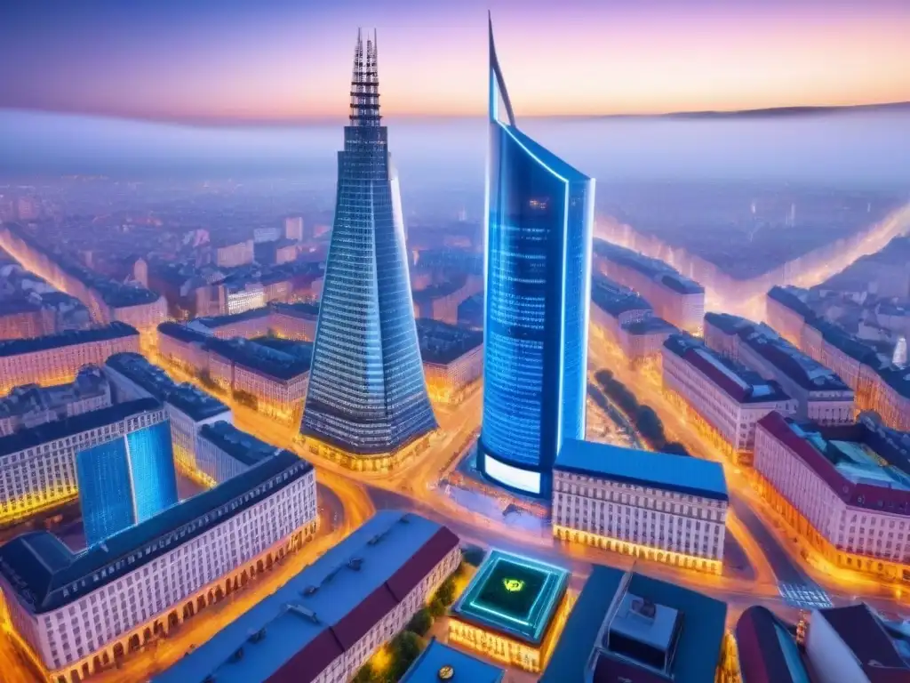 Mercado inmobiliario en Europa del Este: tradición e innovación Vista aérea del dinámico mercado inmobiliario en Europa del Este, fusionando historia y modernidad con pantallas digitales