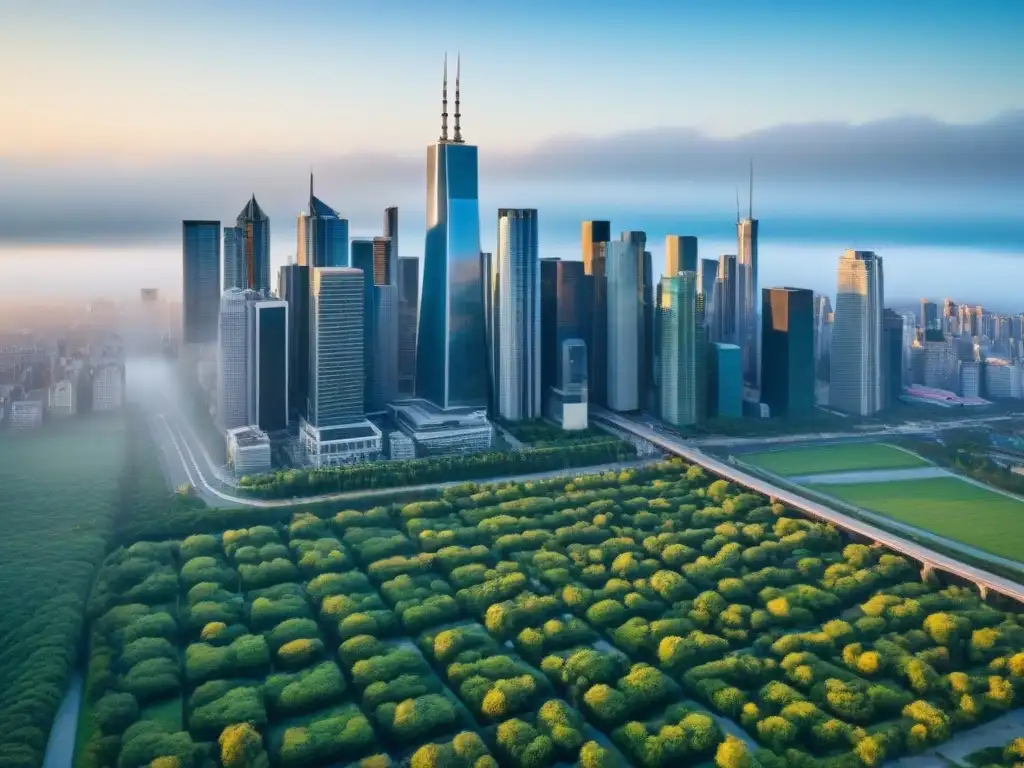 Horizonte financiero vibrante: moderna arquitectura y éxito global Vista aérea de un distrito financiero bullicioso con rascacielos bajo un cielo azul, representando inversiones inmobiliarias internacionales