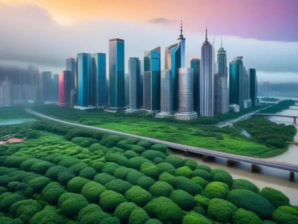 Distrito financiero internacional: fusión arquitectónica en el mundo global Vista aérea de un distrito financiero internacional, con rascacielos, vegetación y derechos de propiedad en inversiones
