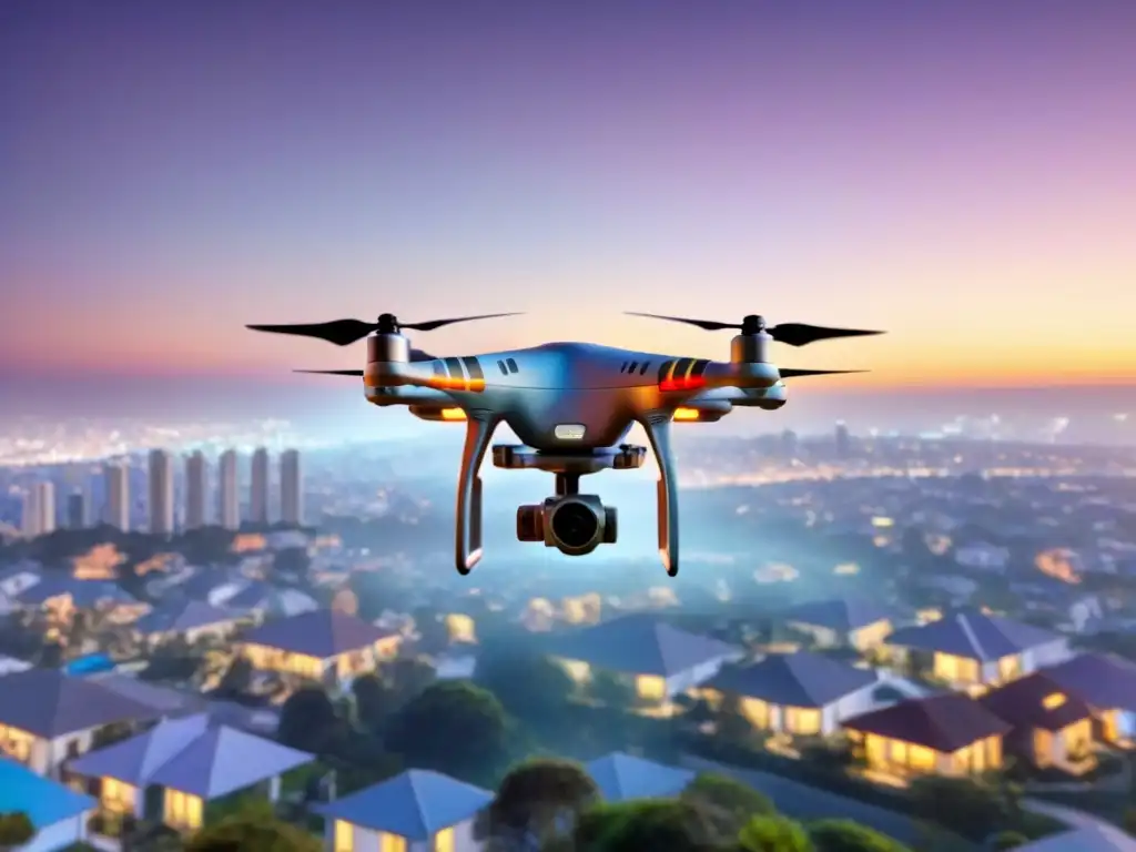 Drone hightech sobre vecindario de lujo al atardecer Vista aérea de un dron moderno sobre vecindario de lujo al anochecer, con datos inmobiliarios y 'Beneficios drones en marketing inmobiliario'