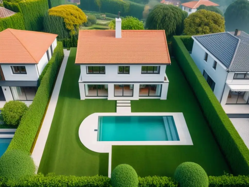 Drone de lujo capturando vistas panorámicas en vecindario exclusivo Vista aérea de dron moderno sobre vecindario lujoso, capturando detalles de casas y jardines
