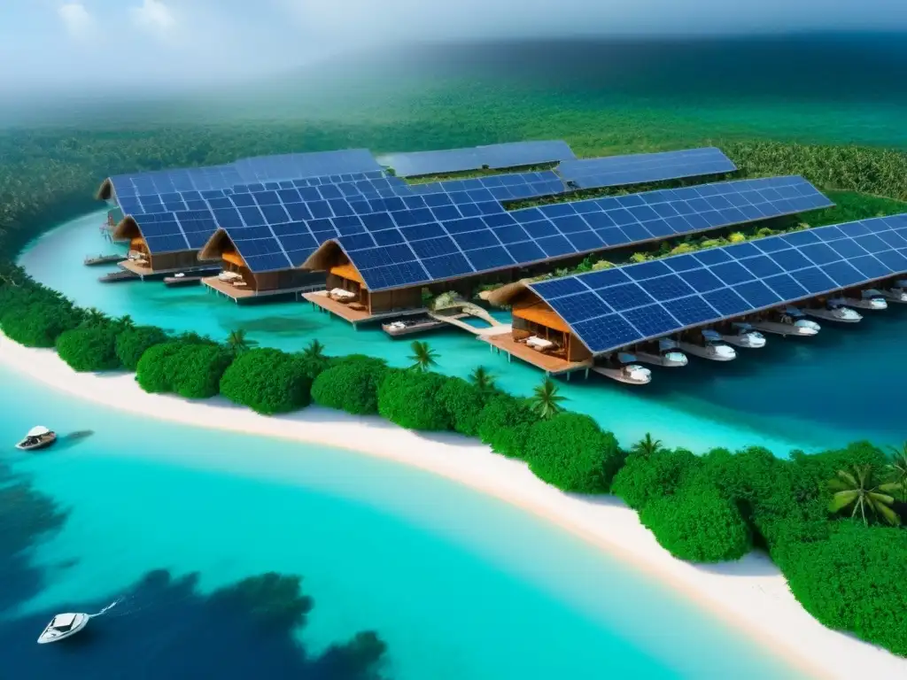 Ecoresort sostenible: oasis verde entre el mar y arrecifes Vista aérea de un ecoresort verde entre aguas turquesas y arrecifes de coral, con paneles solares y turbinas eólicas