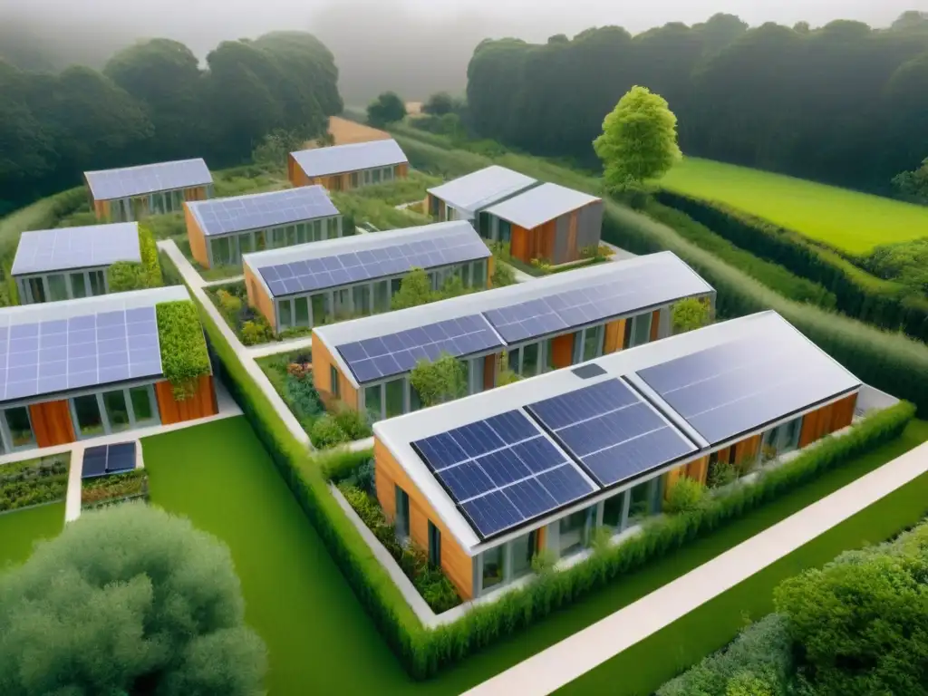 Comunidad eco-sostenible: Diseño innovador para una vida en armonía Vista aérea de un ecovecindario moderno con diseño sostenible y espacios comunes, rodeado de naturaleza