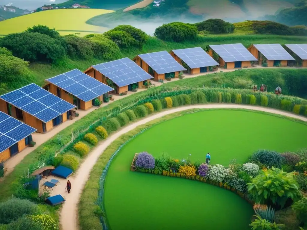 Ecovilla sostenible: armonía entre naturaleza y comunidad Vista aérea de una ecovilla con desarrollo sostenible en ecovillas, rodeada de naturaleza y actividades ecoamigables