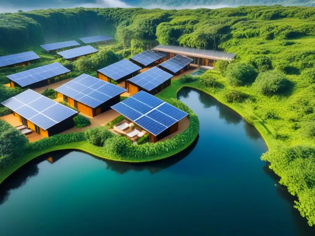 Ecovilla de lujo: arquitectura sostenible en entorno natural Vista aérea de ecovillas de lujo en un entorno idílico con arquitectura sostenible y elementos ecofriendly en mercado internacional