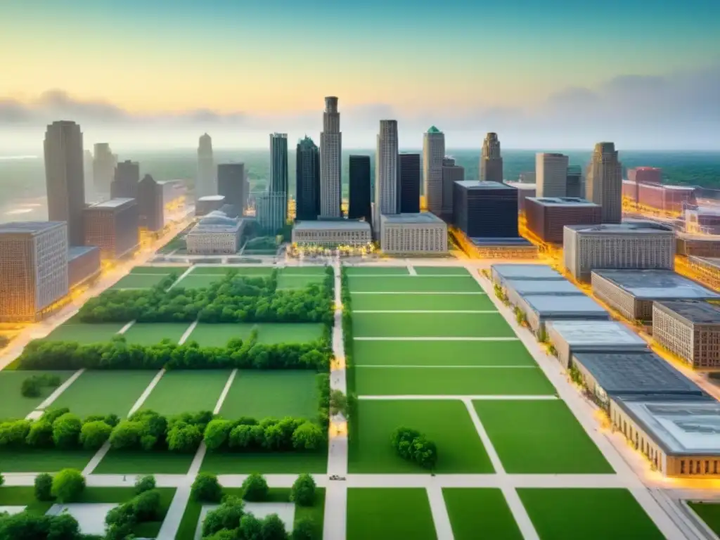 Renovación urbana en Detroit: de decadencia a modernidad Vista aérea de Detroit: de edificios abandonados a rascacielos modernos, calles llenas de vida y espacios verdes