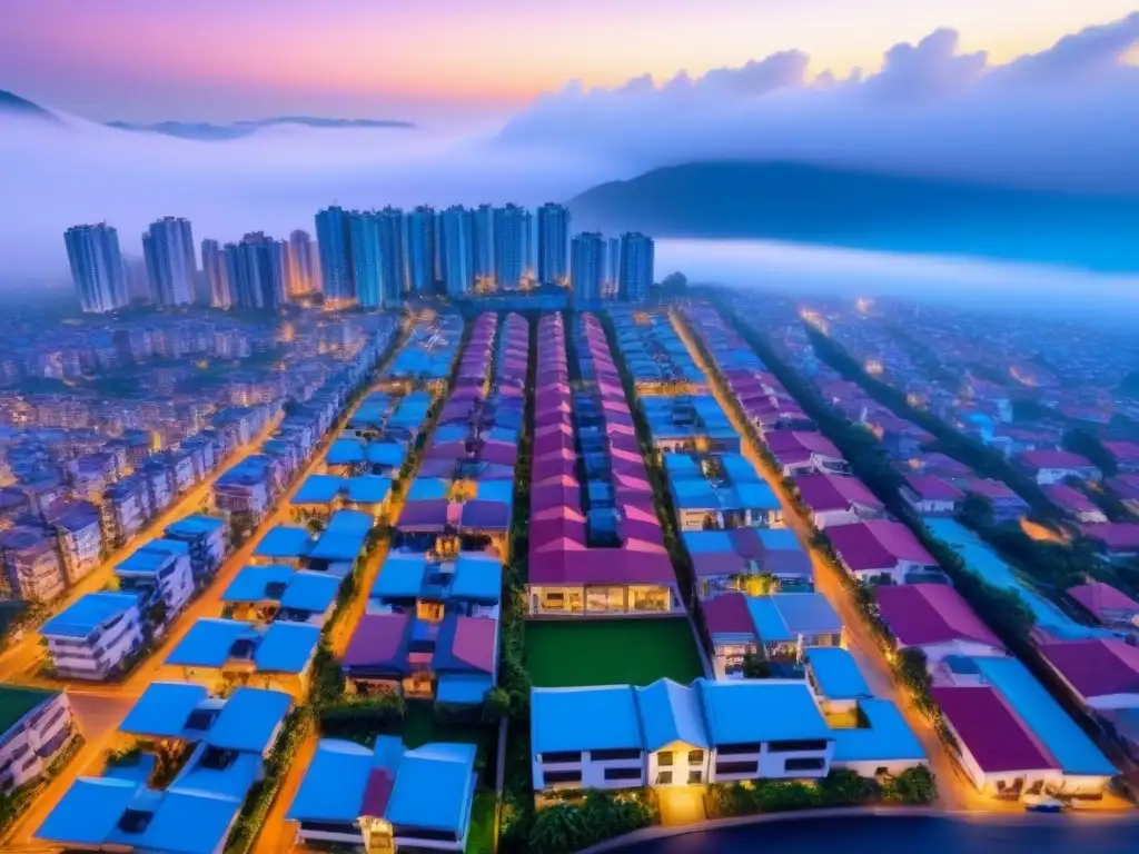 Arquitectura Residencial: Diversidad Global en Ciudades Vibrantes Vista aérea de edificios residenciales coloridos en una ciudad bulliciosa, mostrando estilos arquitectónicos diversos en Asia, África y América Latina