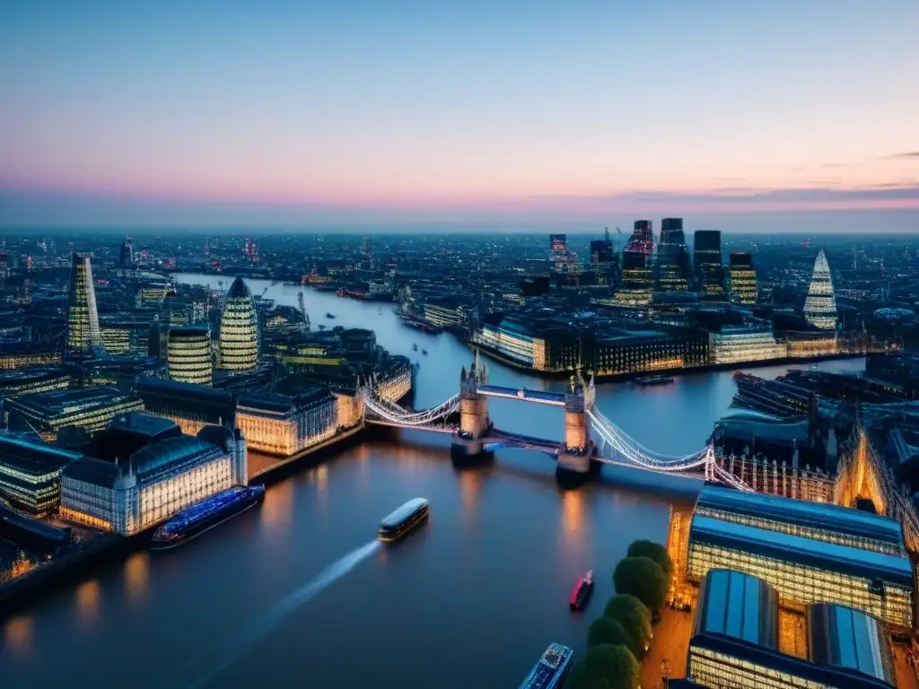 Espectacular vista aérea de Londres al anochecer: símbolos icónicos y mercado inmobiliario resiliente Vista aérea de Londres al anochecer con emblemáticos edificios iluminados, reflejándose en el Támesis