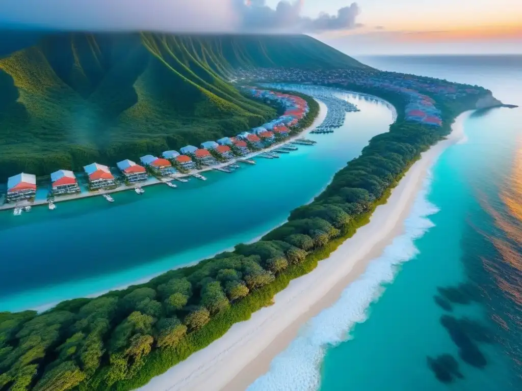 Paraíso costero: atardecer dorado en alquileres vacacionales Vista aérea de un encantador pueblo costero con propiedades de alquiler vacacional rodeadas de naturaleza y playas